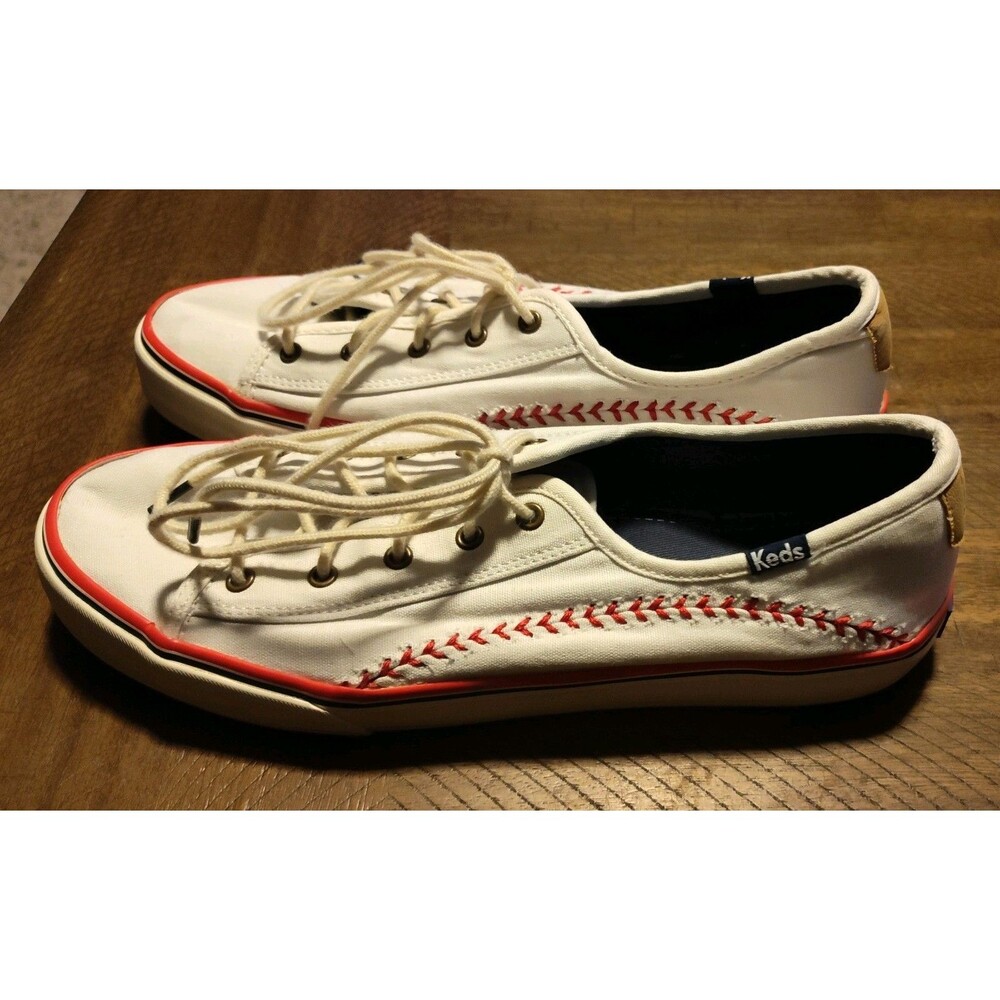 Keds Womens Size 9 Baseball Stitch Off White & Red Canvas Tennis Shoes Sneakers